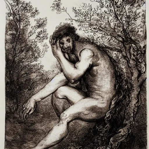 Image similar to by ron garney, by jean - antoine watteau precise screen printing. a land art of a man caught in a storm, buffeted by wind & rain. he clings to a tree for support, but the tree is bent by the force of the storm. he is soaking wet. his face is contorted with fear & effort.