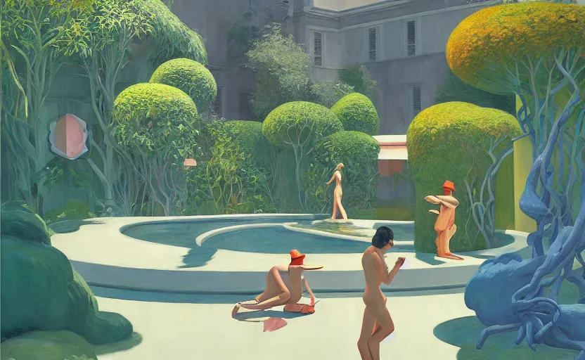 Prompt: a secret garden with a big pool, very coherent, painted by edward hopper, wayne barlowe, painted by james gilleard, airbrush, art by james jean, surrealist art, houdini algorithmic generative art