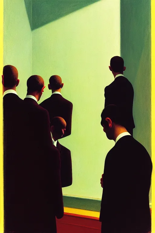 Prompt: group of men watching another man through a one sided mirror, edward hopper and james gilleard zdzislaw beksisnski higly detailed