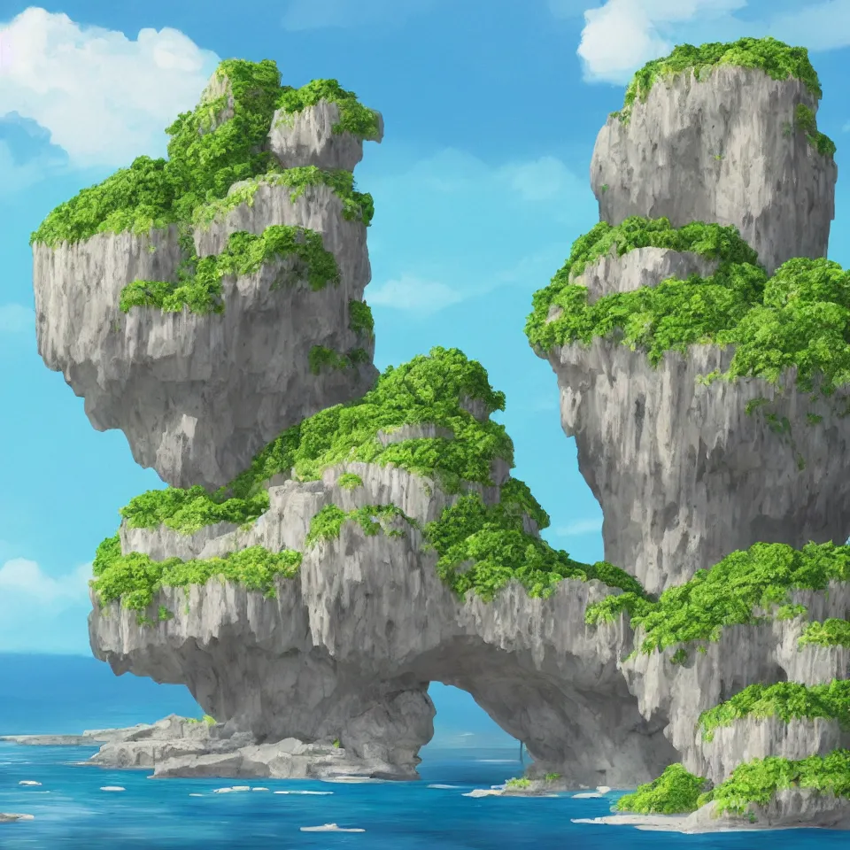 Image similar to an island floating in the air, the island is rocky and bare with some vegetation, waterfalls left from the island flowing into the sea, highly detailed, animated, lovely, dreamy, morandi colour scheme, strong light and shadow atmosphere, painted by ghibli