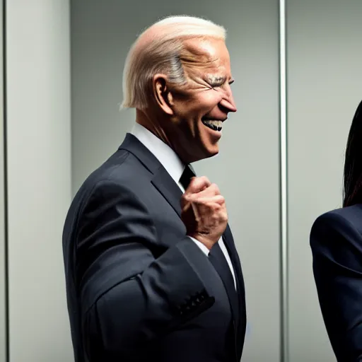 Image similar to stock photo of kim kardashian, and joe biden wearing suits and ties laughing in an office building, 8k resolution, full HD, cinematic lighting, award winning, anatomically correct