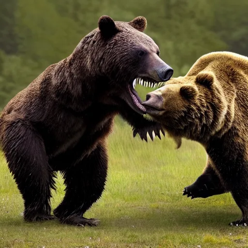 Prompt: national geographic extremely high quality photo of a dinosaur fighting a bear,