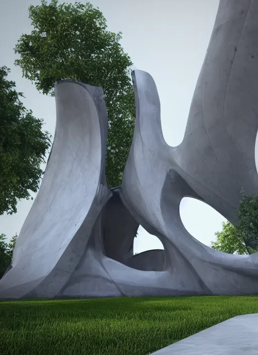 Prompt: highly detailed realistic architecture 3 d render of a huge high futuristic stele sculpture made of concrete in zaha hadid style standing in city park, archdaily, made in unreal engine 4 octane render