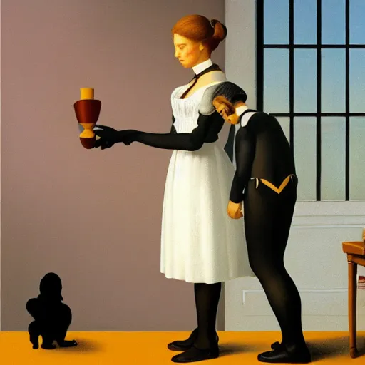 Image similar to a french-maid serves you coffee by Raphael, Hopper, and Rene Magritte. detailed, romantic, enchanting, trending on artstation.