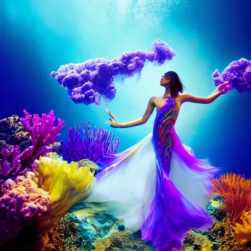 Prompt: woman dancing underwater on alien planet wearing a flowing dress made of blue, magenta, and yellow seaweed, delicate coral sea bottom, swirling silver fish, swirling smoke shapes, unreal engine, caustics lighting from above, cinematic