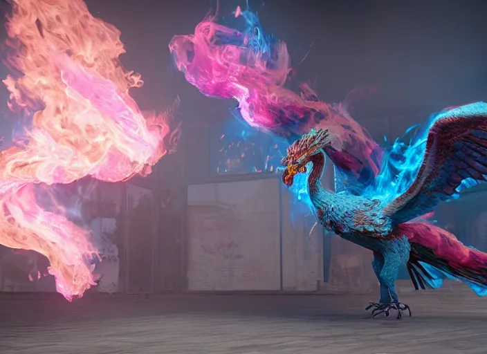 Image similar to pink and blue flaming phoenix, unreal engine 5, intricate, detailed, realistic