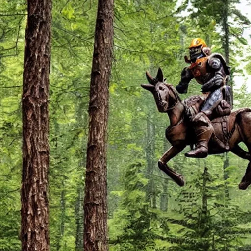 Image similar to master chief riding a tree in the middle of a forest while thr forest is burning down