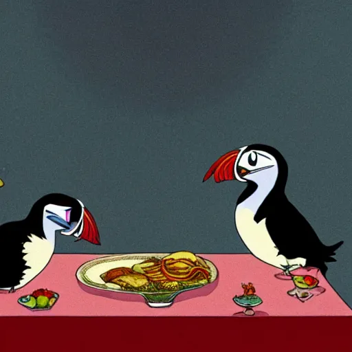 Prompt: The emperor dining on dragon hearts, surrounded by a court of puffins. A scene from adventure time. twilight. Raucous. Joyful.