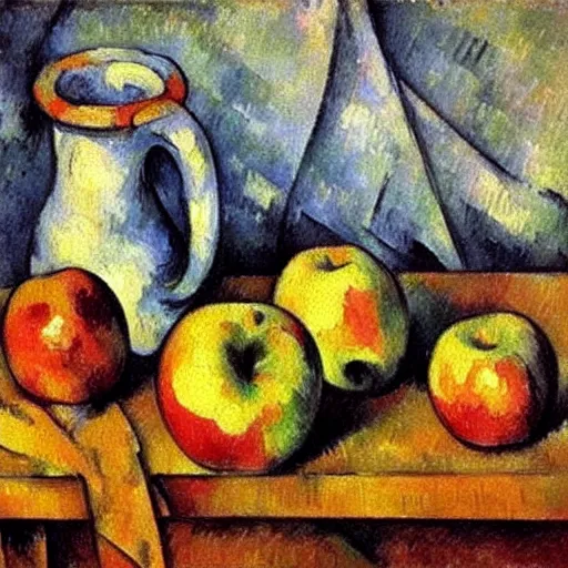 Image similar to Still life oil painting of an apple and a mug of coffee on a school desk, Paul Cezanne, 1895, award-winning, realistic, oil painting, dynamic lighting