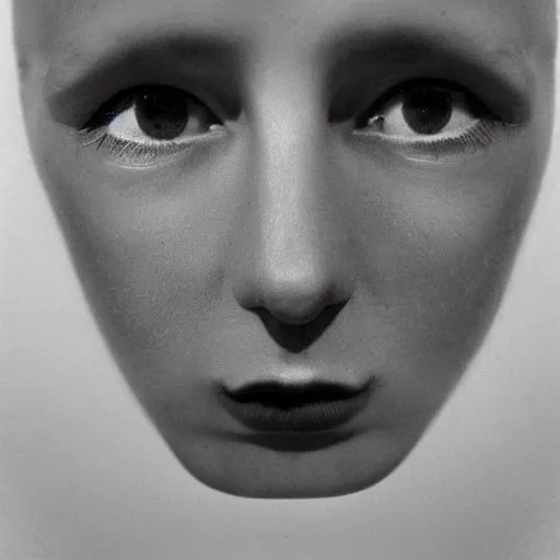 Image similar to high quality high detail portrait by man ray, hd, intense unsettling look in the eyes, photorealistic lighting