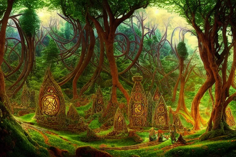 Prompt: a beautiful and highly detailed digital painting of an elven structure in psychedelic forest in a beautiful valley, psychedelic patterns, celtic designs, intricate details, epic scale, 8 k, sharp focus, photorealism, artstation, cgsociety, by caspar friedrich, albert bierstadt, james gurney, brian froud,