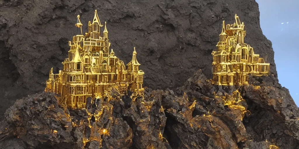 Image similar to ominous ornate obsidian castle with gold filigree on high cliffs with rivers and waterfalls of glowing melted gold. by tom bagshw and by ralph bakshin. power and beauity.