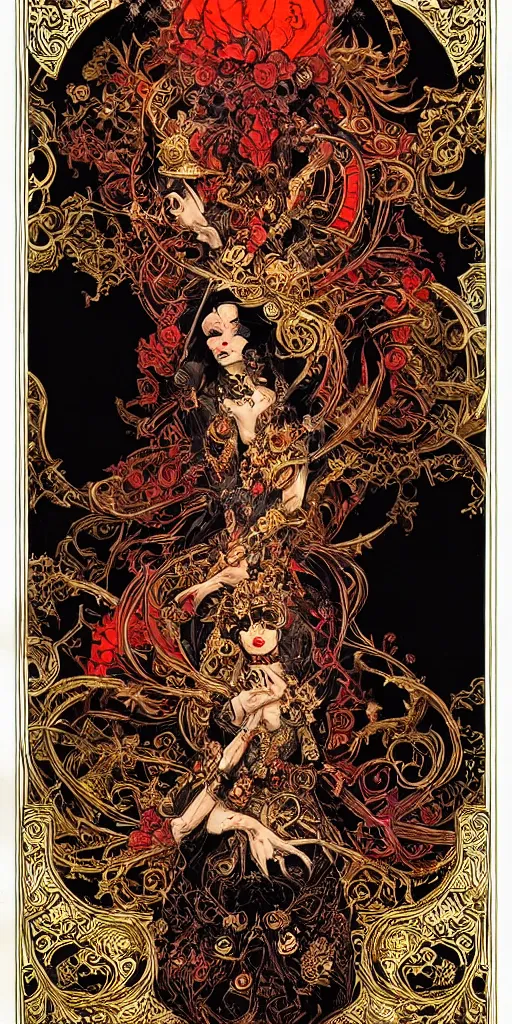 Image similar to the empress + black paper + elements + red + gold + neon + baroque + rococo + white + orange + ink + tarot card, ornate + by marc simonetti, paul pope, peter mohrbacher, detailed, intricate ink illustration + damask