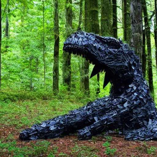 Prompt: mossy recycled tire sculpture of a tyrannosaurus in the forest