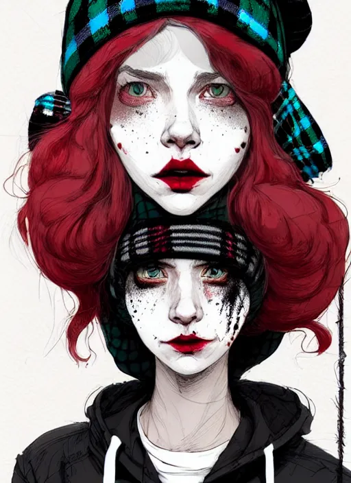 Image similar to highly detailed 3 / 4 profile portrait of an new york sewer punk lady student, eyes, tartan hoody, hat, white hair by atey ghailan, by greg tocchini, by kaethe butcher, by james gilleard, gradient red, black, brown, cream and white color scheme, grunge aesthetic!!! ( ( graffiti tag wall ) )