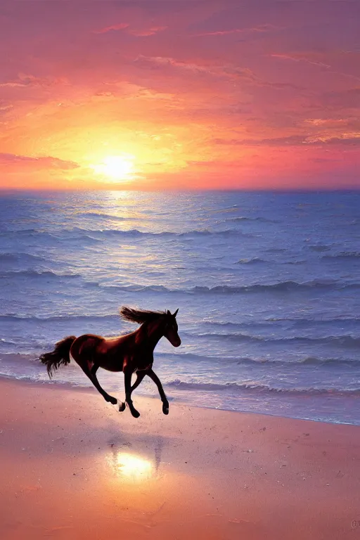 Image similar to a horse running on the beach at sunset by greg rutkowski