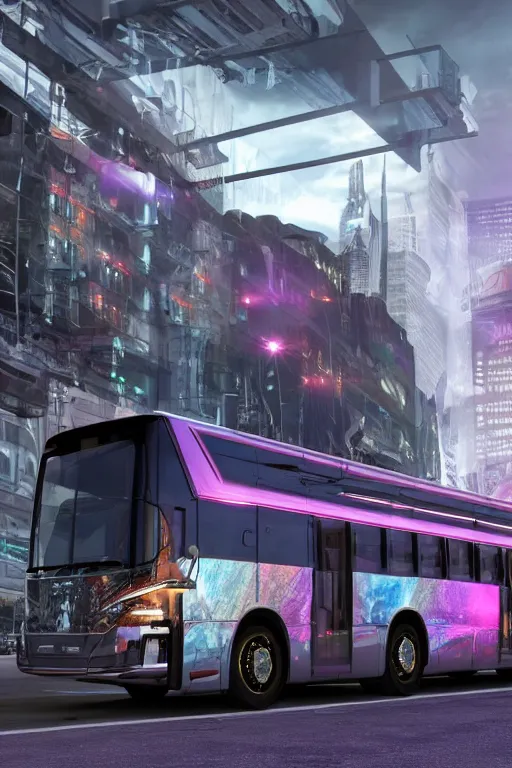 Image similar to photo of a futuristic nightliner tourbus outside in new york at night, printed band name on the nightliner is tripmachine, realistic digital art, textured with a 3 d render of a huge futuristic steampunk generator, 8 k, fluorescent colors, halluzinogenic, multicolored, exaggerated detailed, unreal engine