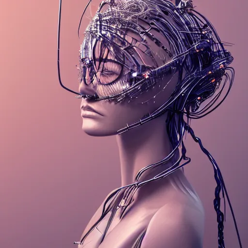 Prompt: hyper realistic woman figure dressed in futuristic dress, with a weird head piece on her head, made of wires, made of feathers, masterpiece, trending on artstation, photograph