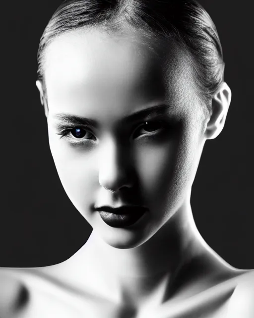 Image similar to black and white dreamy young beautiful female cyborg high quality portrait photo, microchip skin, artificial intelligence, cinematic, rim light, photo - realistic, elegant, high detail, 8 k, masterpiece, photo taken in 1 9 3 0