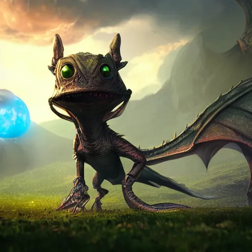 Prompt: an adorable and small alien lands on earth to meet a giant dragon, sweet, concept art, octane render, unreal engine, highly detailed, 4 k, comic book art