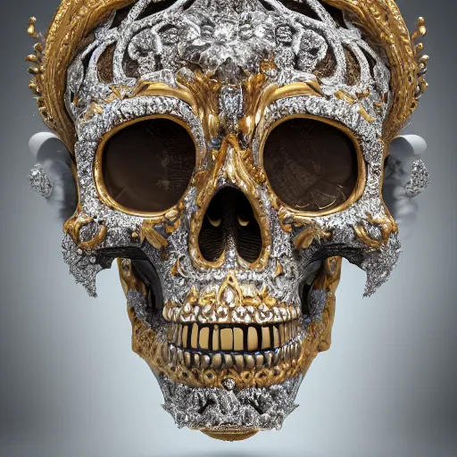 Image similar to a portrait of a beautiful ornate and intricate rococo skull with silver and gold details and diamonds inside a rococo frame, 4k, octane render, vray, unreal engine, photorealistic