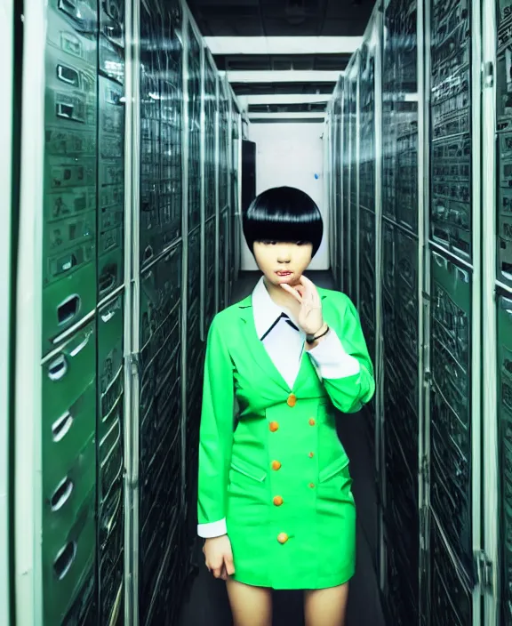 Image similar to asian girl, bobbed and bowl cut hair, pine green hair color, standing in a server room, wearing business casual dress, 4 k, vaporwave, cinecolor, perfect detail