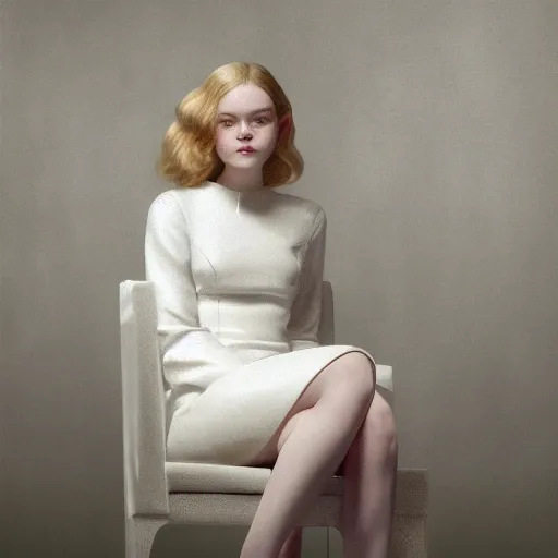 Prompt: Elle Fanning sitting on a white leather chair in the world of Samuel Adoquei, head and shoulders portrait, stormy weather, extremely detailed masterpiece, oil on canvas, low-key neon lighting, artstation, Blade Runner 2049, Roger Deakin’s cinematography, by J. C. Leyendecker and Peter Paul Rubens and Edward Hopper and Michael Sowa,