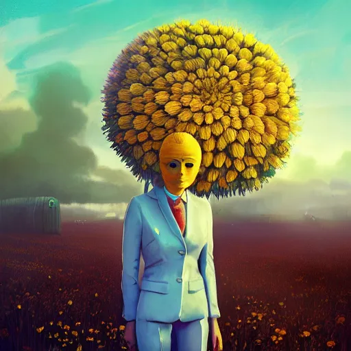 Image similar to giant daisy flower head, frontal, girl in a suit, surreal photography, sunrise, dramatic light, impressionist painting, digital painting, artstation, simon stalenhag