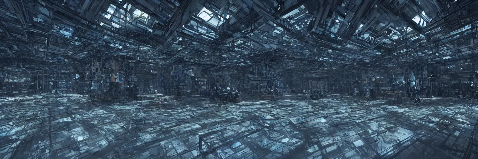 Prompt: Inbetween worlds. Inside a Borg cube. Industrial labyrinth. Heigh ceiling. Highly detailed. Intricate. Volumetric lighting. Color scheme dark blue. Wide shot. Photoreal. Octane render. 8k. Trending on artstation