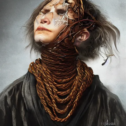 Image similar to portrait of a Shibari rope wrapped face and neck, headshot, insanely nice professional hair style, dramatic hair color, digital painting, of a old 17th century, old cyborg merchant, amber jewels, baroque, ornate clothing, scifi, realistic, hyperdetailed, chiaroscuro, concept art, art by Franz Hals and Jon Foster and Ayami Kojima and Amano and Karol Bak,