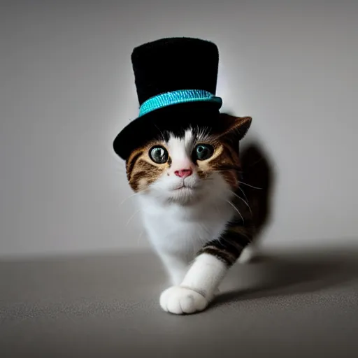 Image similar to A cat wearing a hat and has a miniature bow tie, hyper realistic, HD, HQ, photo realistic