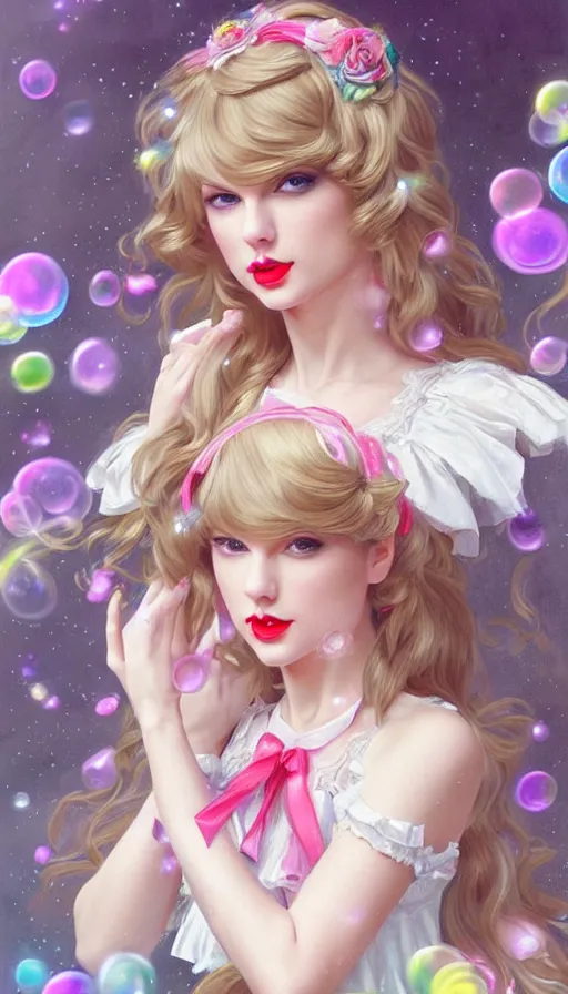 Image similar to portrait of Taylor Swift as a magical lolita girl, dreamy and ethereal, expressive pose, big pink eyes, peaceful expression, ornate frilly dress, fantasy, intricate, elegant, many rainbow bubbles, rose tones, highly detailed, digital painting, artstation, concept art, smooth, sharp focus, illustration, art by artgerm and greg rutkowski and alphonse mucha