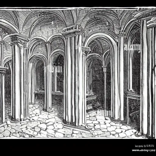 Image similar to ruins of a medieval throne room with all seats replaced by people encased in crystal, perspective from the entrance, dark, handdrawn