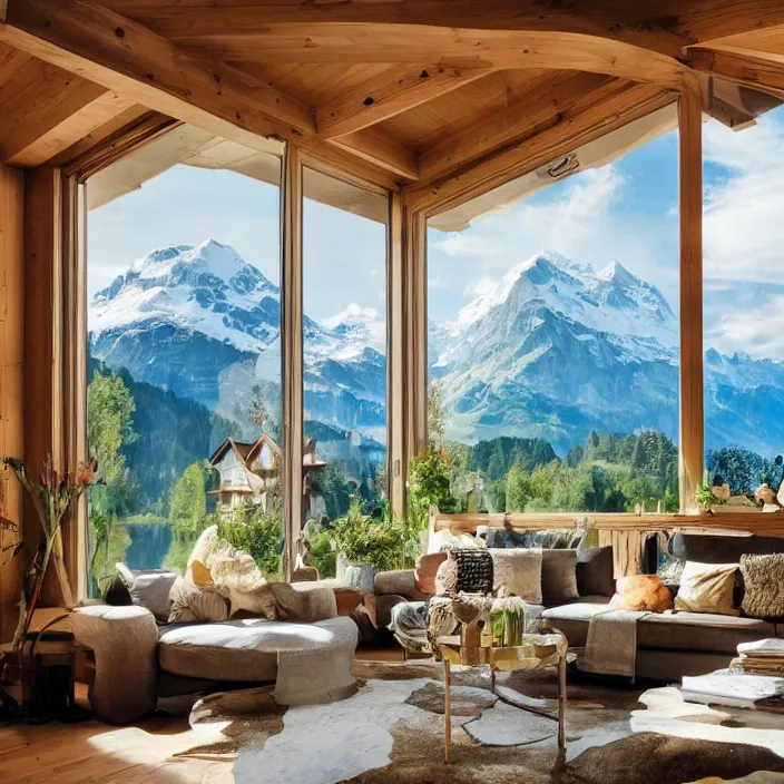 Image similar to fantastical living room with switzerland landscape in the window