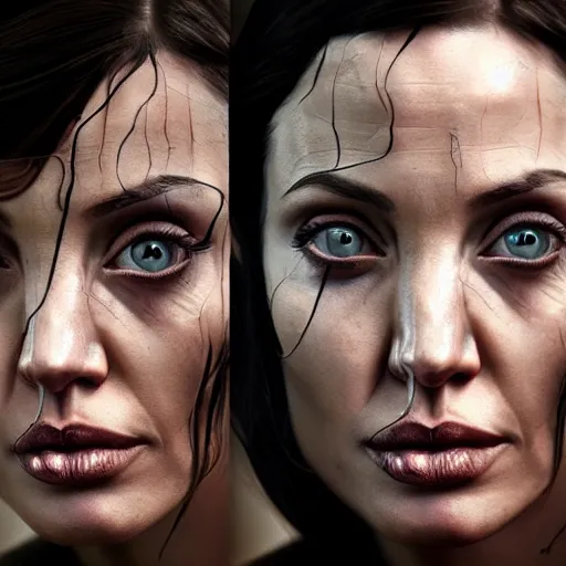 Prompt: Very very very very highly detailed epic central composition photo of Angelina Jolie face, intricate, dystopian, sci-fi, extremely detailed, digital painting, smooth, sharp focus, illustration, intimidating lighting, incredible art by Brooke Shaden, artstation, concept art, Octane render in Maya and Houdini