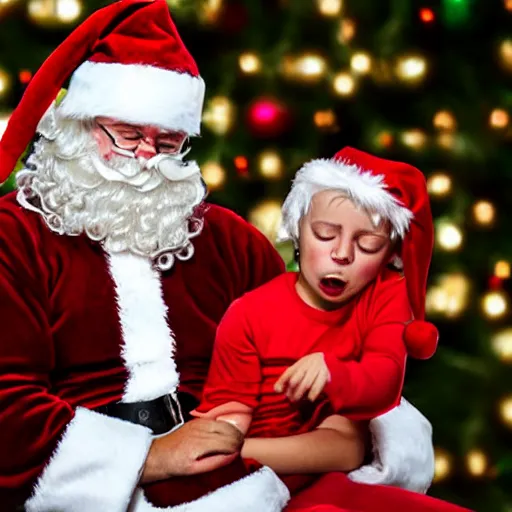 Image similar to an alcoholic wearing santa suitr crying while having a child on his lap, shopping mall, emotional, sadness, anxious, depressed