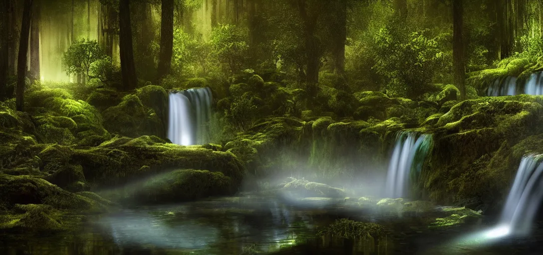 Image similar to beautiful view of a forest waterfall, glowing bubbly water with caustics, dark atmosphere, dappled light, reflections, light rays. refraction, symmetry, cinematic lighting, ultra detailed, sharp, ambient occlusion, bloom, raytracing, by dylan cole, sebastian meyer and jordan grimmer