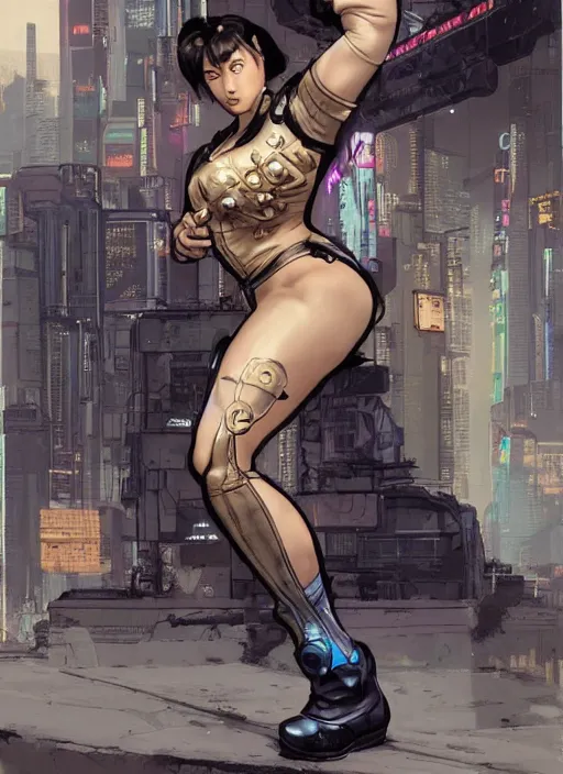 Prompt: chun li. dangerous cyberpunk mercenary in tactical gear and jumpsuit. portrait by stonehouse and mœbius and will eisner and gil elvgren and pixar. realistic proportions. dystopian. cyberpunk 2 0 7 7, apex, blade runner 2 0 4 9 concept art. cel shading. attractive face. thick lines.