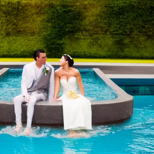 Image similar to wedding cake made of concrete swimming in a pool with kois in it, ladies standing on the edge of the pool, high quality, photo