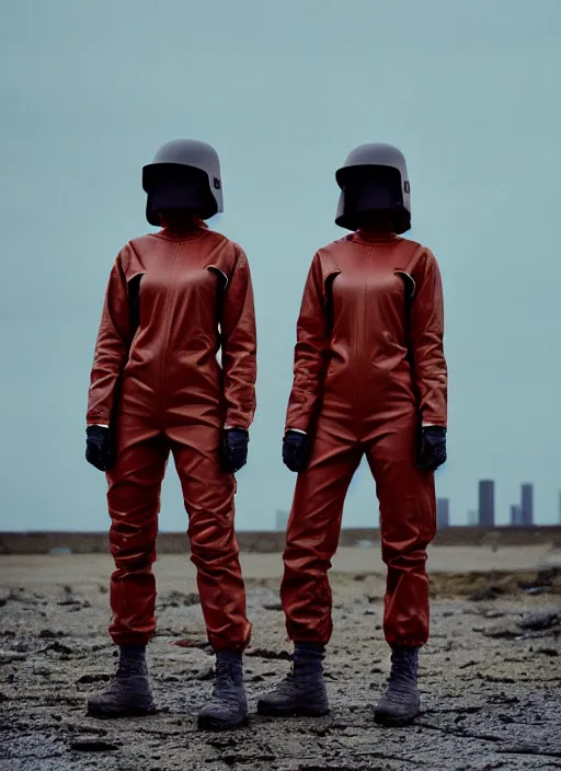 Prompt: cinestill 5 0 d photographic portrait of two caring clones, techwear women on a desolate plain, a brutalist dark metal building in the background, depth of field, 4 k, 8 k, hd, full color