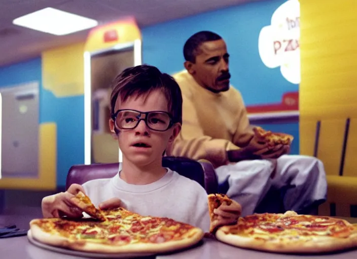 Image similar to portrait of walter white eating pizza sitting with president obama at chuck - e - cheese, dramatic lighting, moody film still from breaking bad ( 2 0 1 2 ), 3 5 mm kodak color stock, 2 4 mm lens, directed by rian johnson, ecktochrome