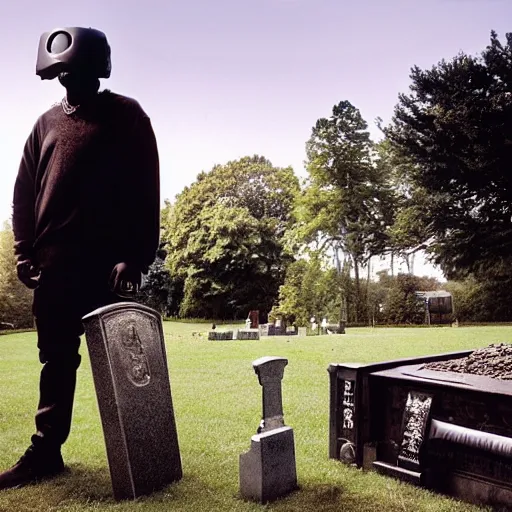 Prompt: MF DOOM standing in a graveyard with a dug up coffin, studio photograph