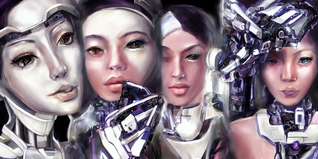 Prompt: Beautiful Female Mecha portrait faces, African, Asian, Middle Eastern, Mexican, with black irises and a white outer glow, In the style of Josh Nizzi, cybernetic, Mecha