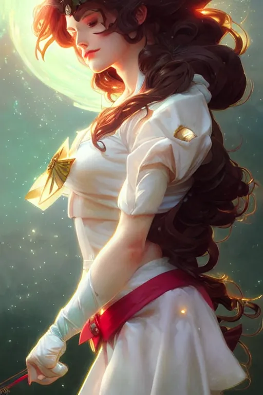 Prompt: Sailor Jupiter, fantasy, intricate, elegant, highly detailed, digital painting, artstation, concept art, matte, sharp focus, illustration, art by Artgerm and Greg Rutkowski and Alphonse Mucha