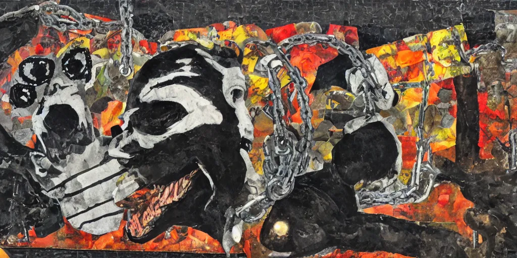 Prompt: black mad dog on a chain, collage, acrylic on canvas, expressionism movement, breathtaking detailed, by blake neubert