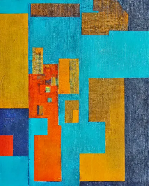 Prompt: a painting of satellite view of a square city with geometric shapes by ramon chirinos, abstract geometric, glitches, ocher and turquoise colors