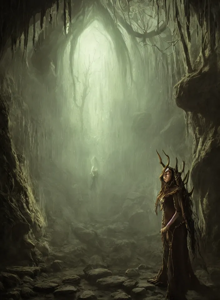 Prompt: a portrait of an elven sorceress exploring an abandoned dwemer dungeon from skyrim, fantasy setting, cold environment, serene colors, soft lighting, atmospheric, cinematic, moody, in the style of diego koi, gina heyer, luiz escanuela, art by alyssa monk, hyperrealism, rule of thirds, golden ratio, oil on canvas, 8 k