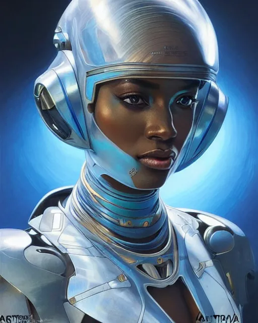 Image similar to Portrait of very very very very very very beautiful african woman, spacesuit, futuristic cybernetic helmet, blue eyes, real life skin, intricate, elegant, highly detailed, artstation, concept art, smooth, sharp focus, art by artgerm and greg rutkowski and alphonse mucha