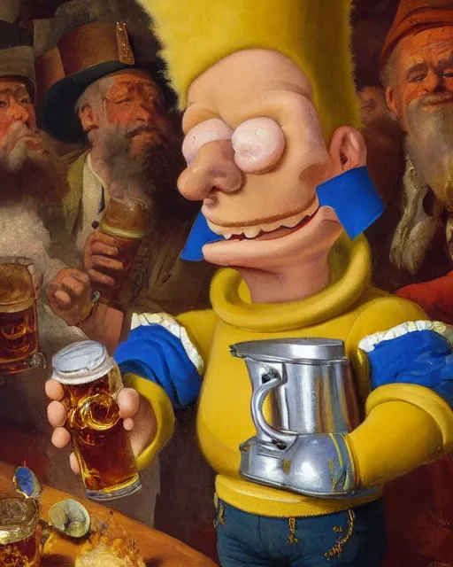 Image similar to a painting of bart simpson holding a mug of beer at the oktoberfest, a detailed painting by konstantin makovsky and by jan matejko and by nikolay makovsky, shutterstock contest winner, german romanticism, detailed painting, oil on canvas, wimmelbilder