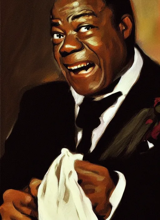 Prompt: a portrait of louis armstrong holding a white handkerchief, by john singer sargent, dramatic lighting, highly detailed digital painting